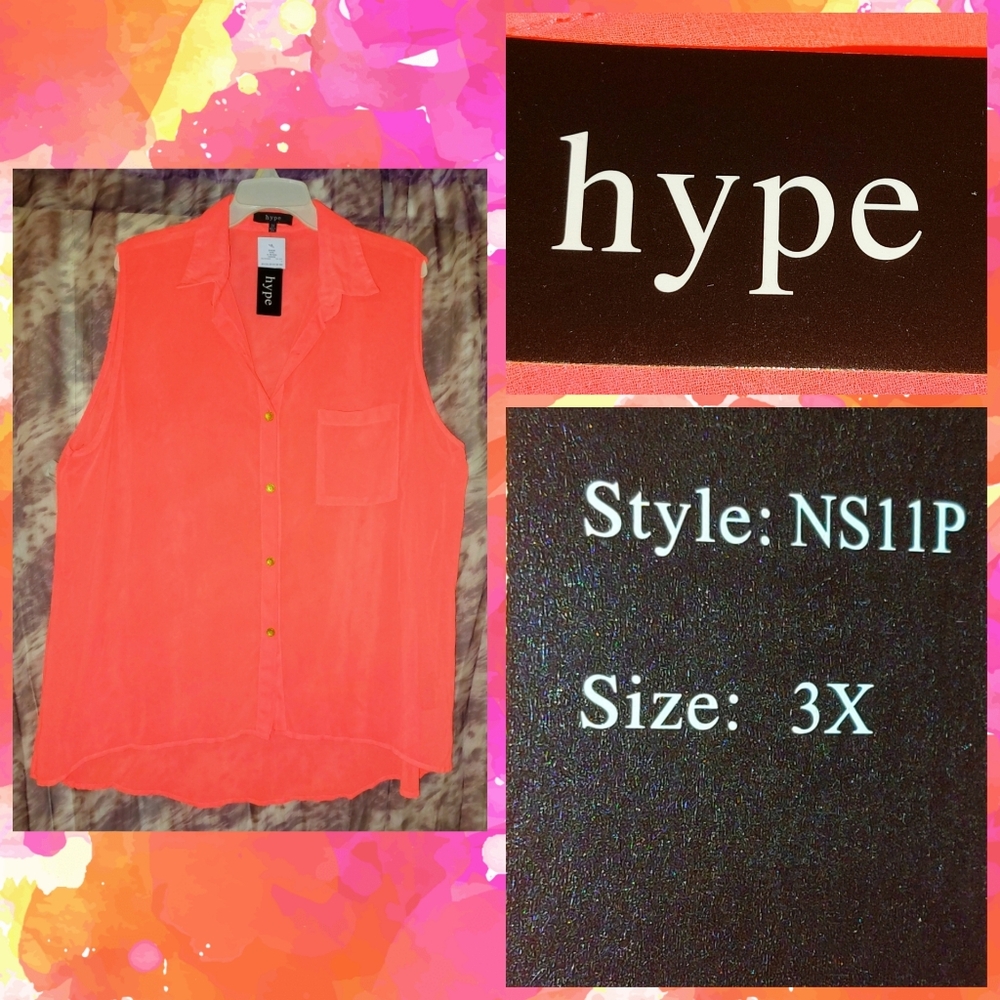 Hype Neon Pink Sheer Sleeveless Woven Hi-Lo Button Front Blouse Jrs Plus Sz 3X